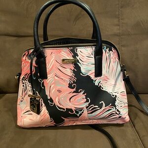 Kate Spade Black Satchel with Pink & Cream Feather Print